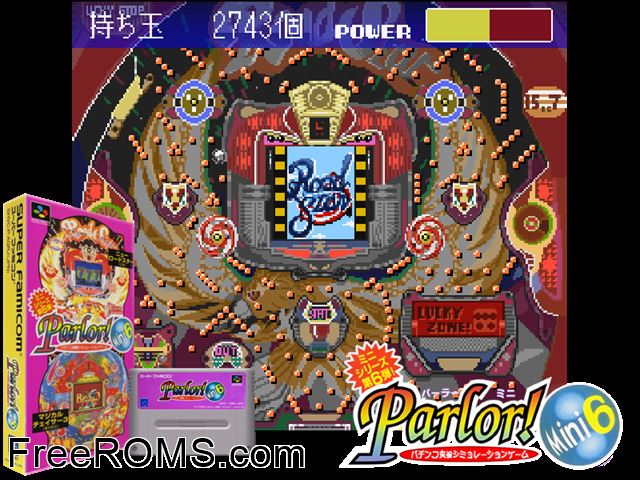 Parlor! Mini 6 - Pachinko Jikki Simulation Game SNES game showing 3D box cover and gameplay screenshot