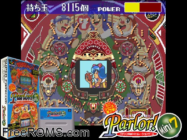 Parlor! Mini 7 - Pachinko Jikki Simulation Game SNES game showing 3D box cover and gameplay screenshot