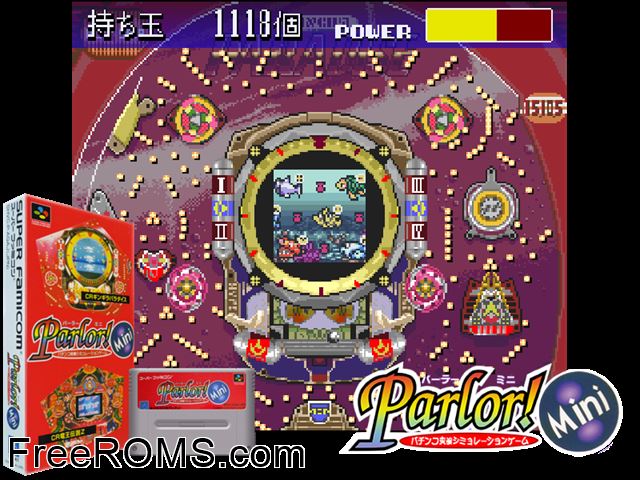 Parlor! Mini - Pachinko Jikki Simulation Game SNES game showing 3D box cover and gameplay screenshot