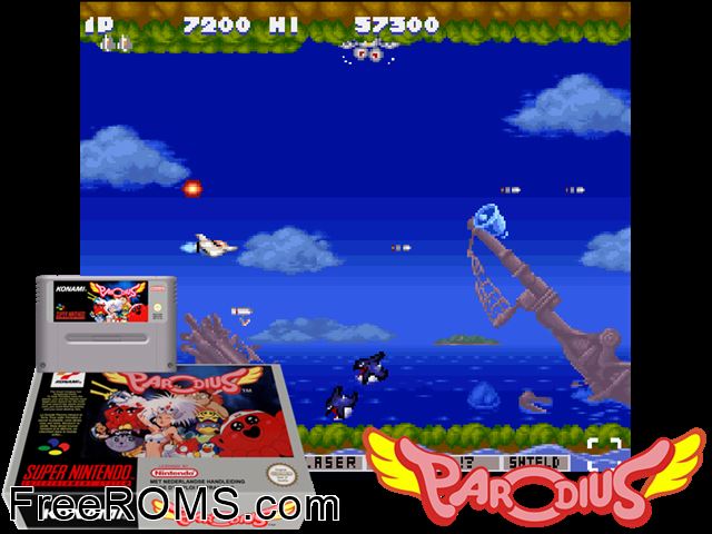 Parodius - Non-Sense Fantasy SNES game showing 3D box cover and gameplay screenshot