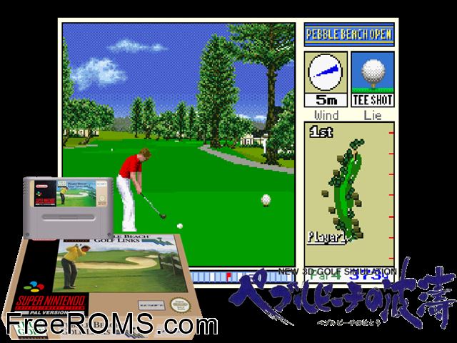 Pebble Beach Golf Links SNES game showing 3D box cover and gameplay screenshot