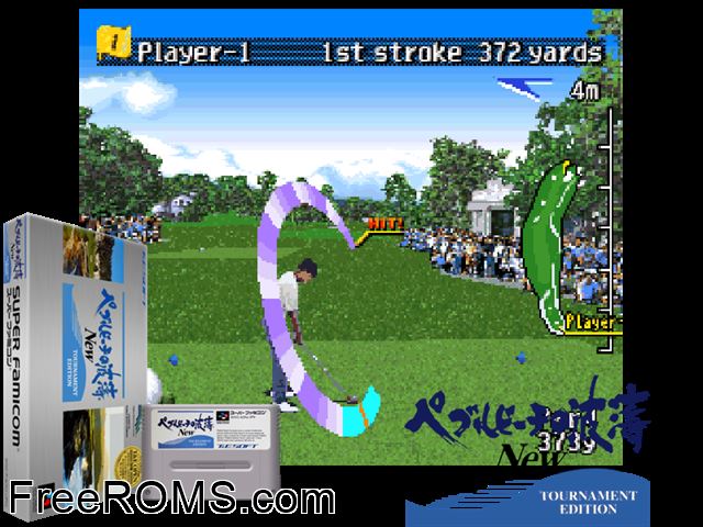 Pebble Beach no Hotou New - Tournament Edition SNES game showing 3D box cover and gameplay screenshot