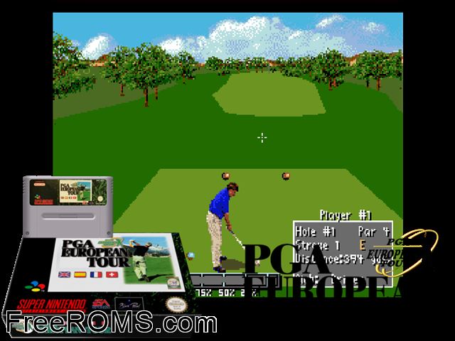 PGA European Tour SNES game showing 3D box cover and gameplay screenshot