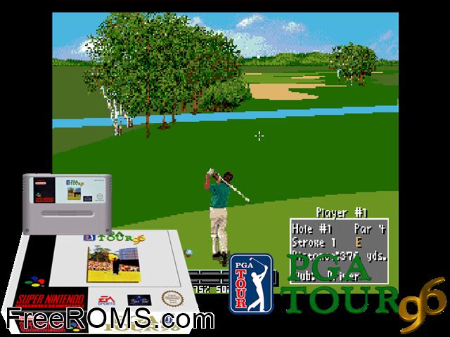 PGA Tour 96 SNES game showing 3D box cover and gameplay screenshot