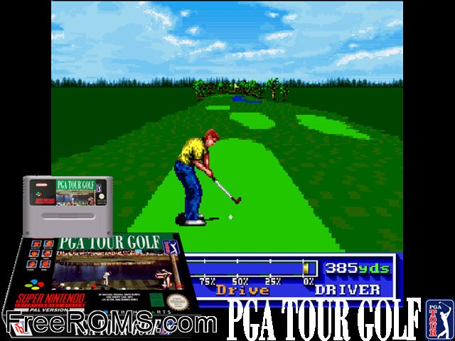 PGA Tour Golf SNES game showing 3D box cover and gameplay screenshot