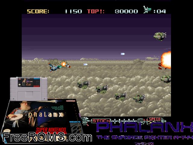 Phalanx - The Enforce Fighter A-144 SNES game showing 3D box cover and gameplay screenshot