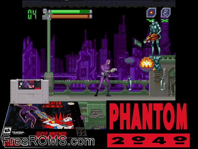 Phantom 2040 SNES game showing 3D box cover and gameplay screenshot