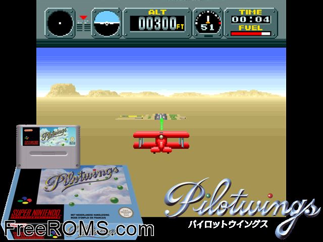 Pilotwings SNES game showing 3D box cover and gameplay screenshot