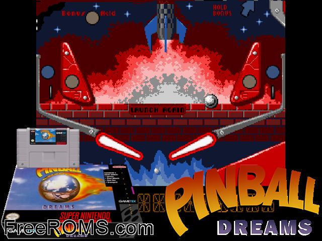 Pinball Dreams SNES game showing 3D box cover and gameplay screenshot