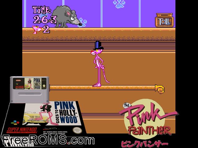 Pink Panther in Pink Goes to Hollywood SNES game showing 3D box cover and gameplay screenshot