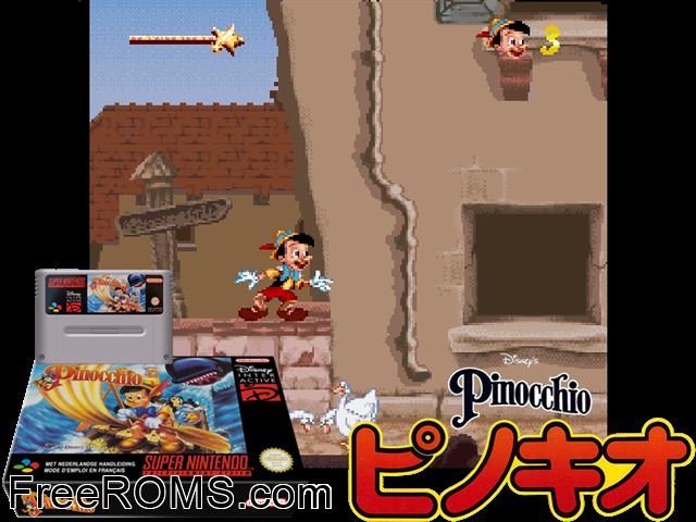 Pinocchio SNES game showing 3D box cover and gameplay screenshot