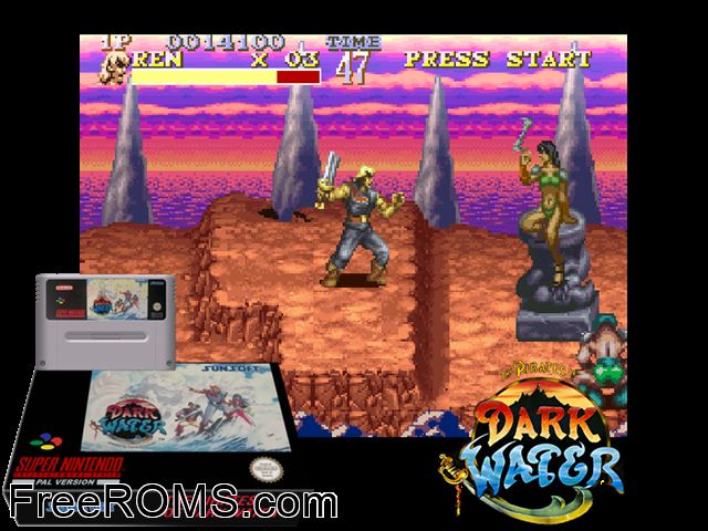Pirates of Dark Water, The SNES game showing 3D box cover and gameplay screenshot