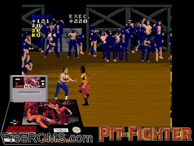 Pit Fighter SNES game showing 3D box cover and gameplay screenshot