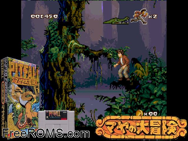 Pitfall - The Mayan Adventure SNES game showing 3D box cover and gameplay screenshot