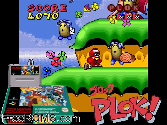 Plok! SNES game showing 3D box cover and gameplay screenshot