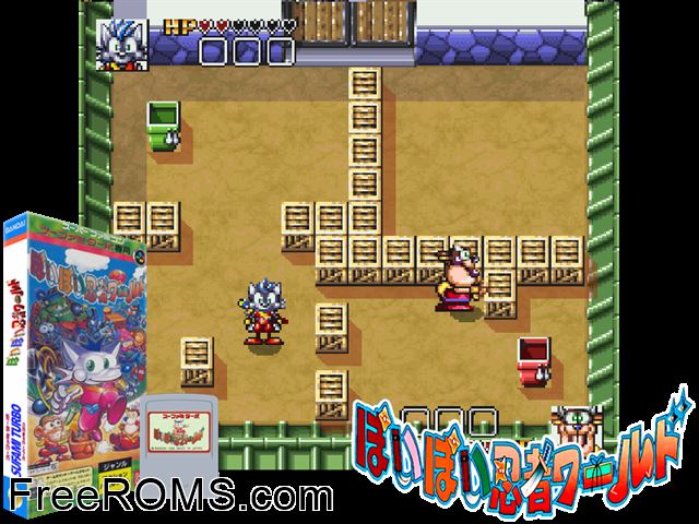 Poi Poi Ninja World SNES game showing 3D box cover and gameplay screenshot
