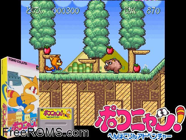 Poko-Nyan! Henpokorin Adventure SNES game showing 3D box cover and gameplay screenshot