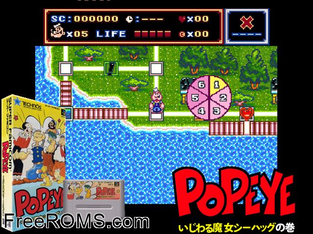 Popeye Ijiwaru Majo Sea Hag no Maki SNES game showing 3D box cover and gameplay screenshot