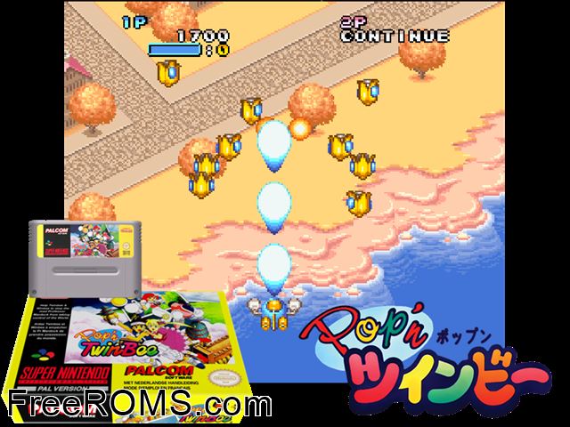 Pop'n Twinbee SNES game showing 3D box cover and gameplay screenshot