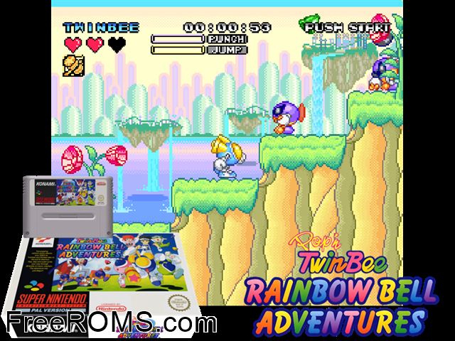 Pop'n Twinbee - Rainbow Bell Adventures SNES game showing 3D box cover and gameplay screenshot