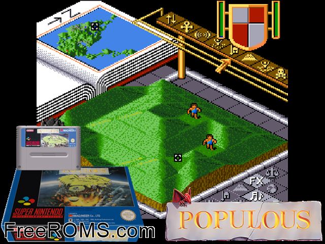 Populous SNES game showing 3D box cover and gameplay screenshot