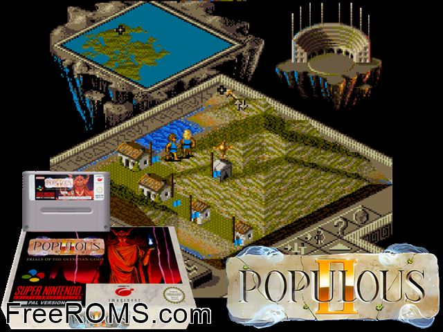 Populous II - Trials of the Olympian Gods SNES game showing 3D box cover and gameplay screenshot
