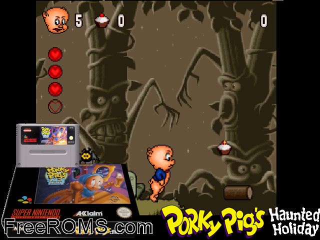 Porky Pig's Haunted Holiday SNES game showing 3D box cover and gameplay screenshot
