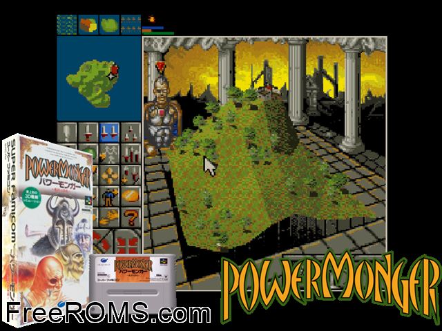 Power Monger SNES game showing 3D box cover and gameplay screenshot