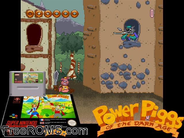 Power Piggs of the Dark Age SNES game showing 3D box cover and gameplay screenshot
