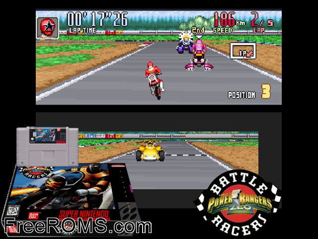 Power Rangers Zeo - Battle Racers SNES game showing 3D box cover and gameplay screenshot