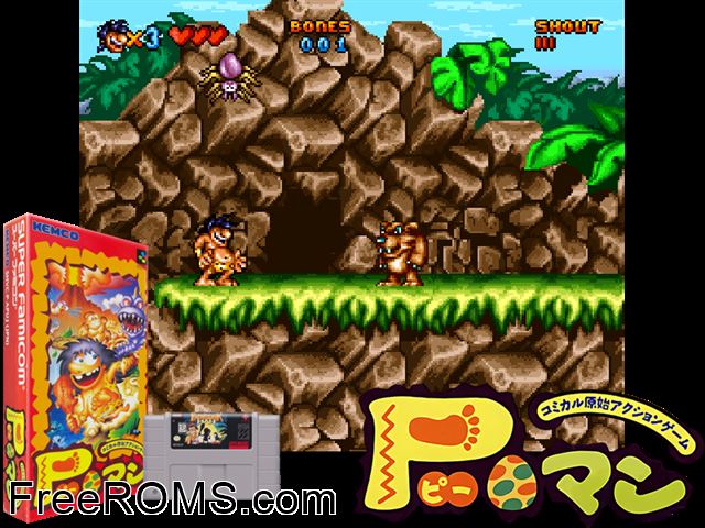 Prehistorik Man SNES game showing 3D box cover and gameplay screenshot