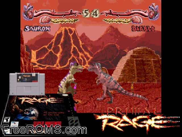 Primal Rage SNES game showing 3D box cover and gameplay screenshot