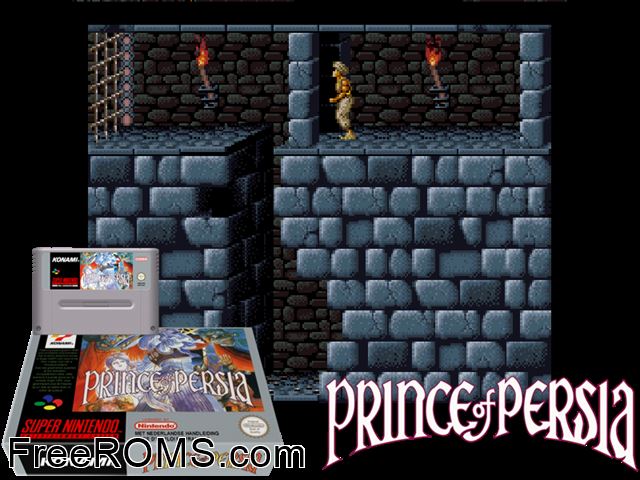 Prince of Persia SNES game showing 3D box cover and gameplay screenshot