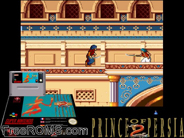 Prince of Persia 2 - The Shadow And The Flame SNES game showing 3D box cover and gameplay screenshot