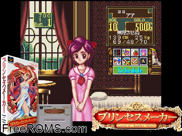 Princess Maker - Legend of Another World SNES game showing 3D box cover and gameplay screenshot