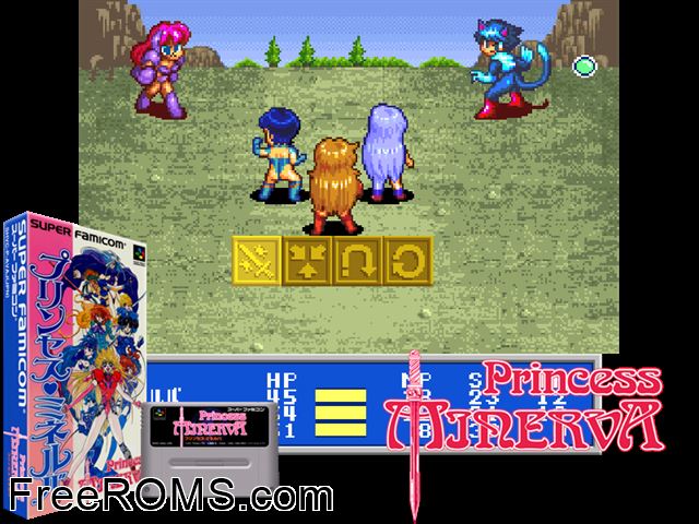 Princess Minerva SNES game showing 3D box cover and gameplay screenshot