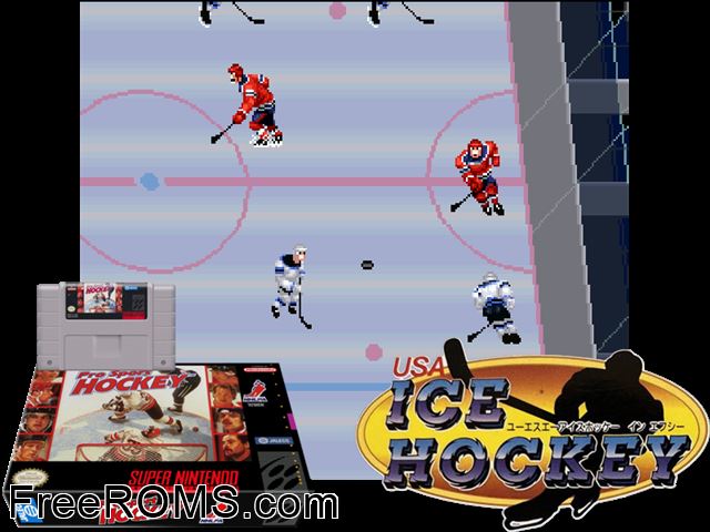 Pro Sport Hockey SNES game showing 3D box cover and gameplay screenshot