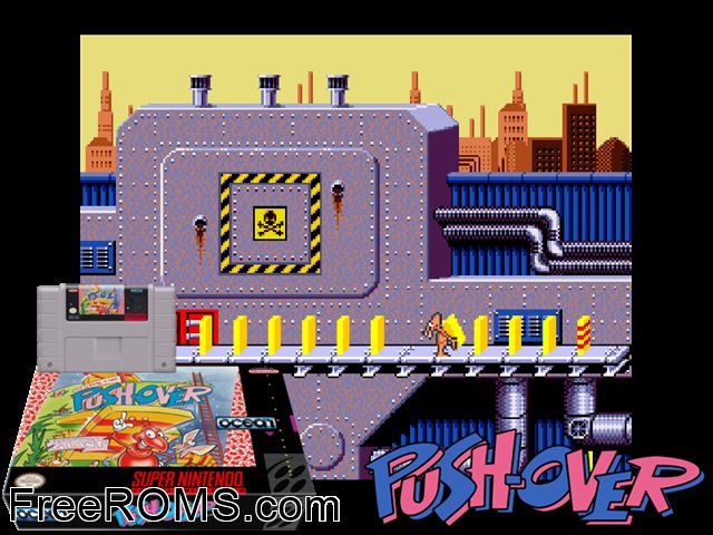 Push-Over SNES game showing 3D box cover and gameplay screenshot