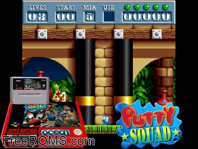 Putty Squad SNES game showing 3D box cover and gameplay screenshot