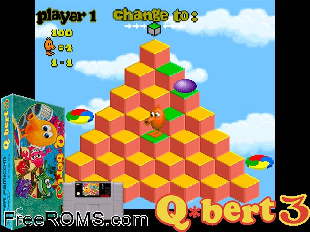 Q-bert 3 SNES game showing 3D box cover and gameplay screenshot