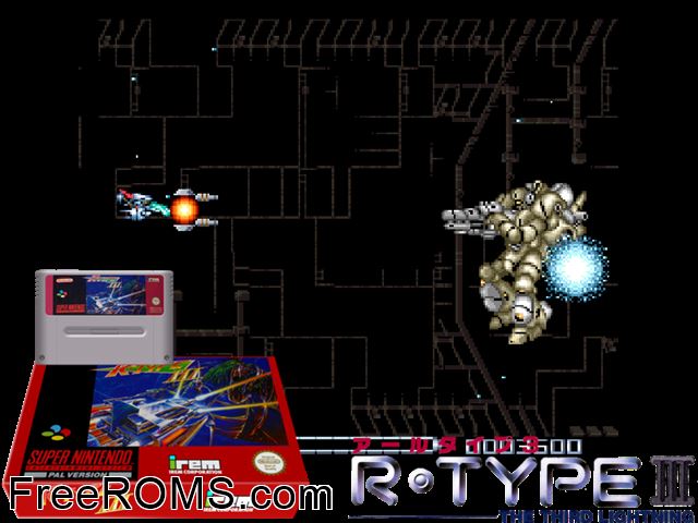 R-Type III - The Third Lightning SNES game showing 3D box cover and gameplay screenshot