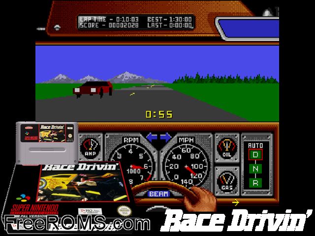 Race Drivin' SNES game showing 3D box cover and gameplay screenshot