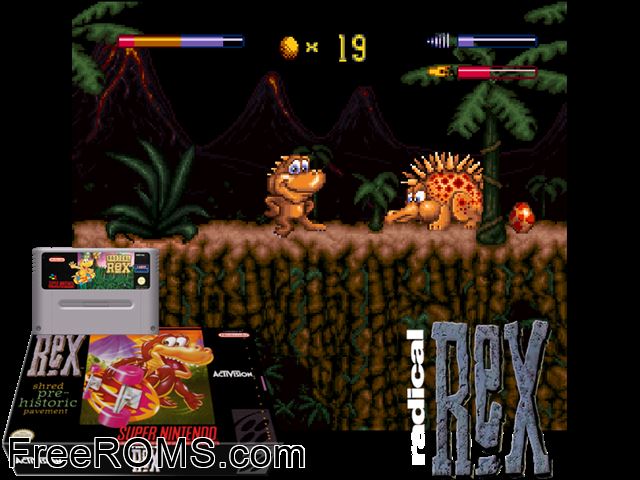 Radical Rex SNES game showing 3D box cover and gameplay screenshot