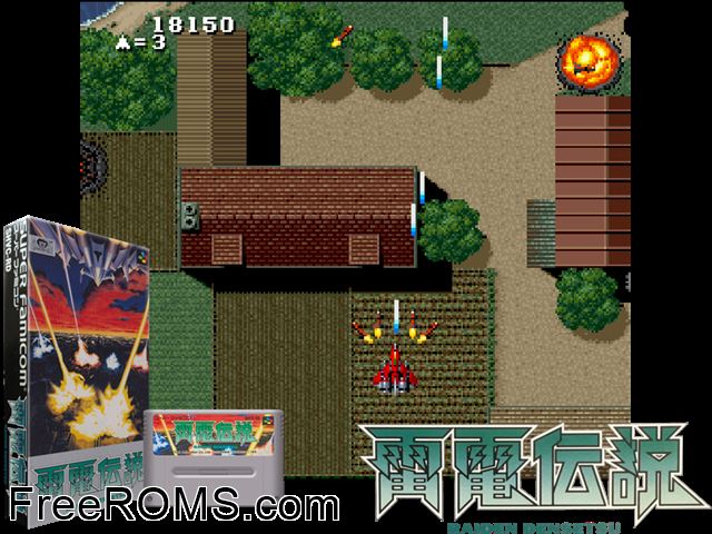 Raiden Trad SNES game showing 3D box cover and gameplay screenshot