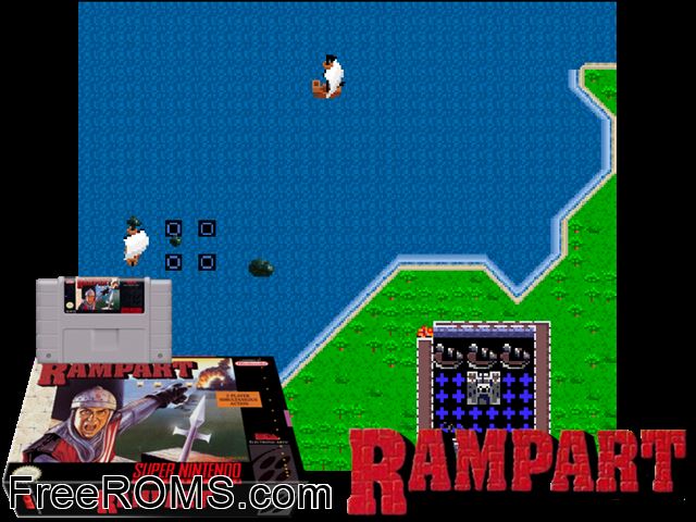 Rampart SNES game showing 3D box cover and gameplay screenshot