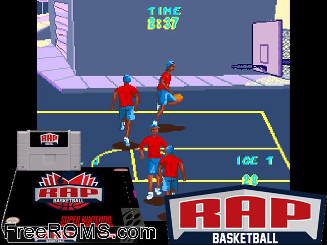 Rap Jam - Volume One SNES game showing 3D box cover and gameplay screenshot