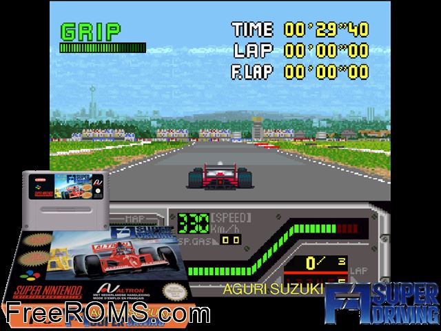 Redline F-1 Racer SNES game showing 3D box cover and gameplay screenshot