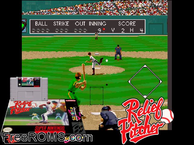 Relief Pitcher SNES game showing 3D box cover and gameplay screenshot