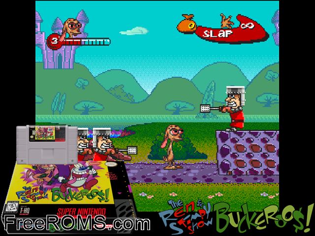 Ren And Stimpy Show, The - Buckeroos! SNES game showing 3D box cover and gameplay screenshot