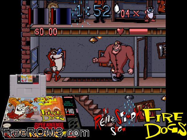 Ren And Stimpy Show, The - Fire Dogs SNES game showing 3D box cover and gameplay screenshot
